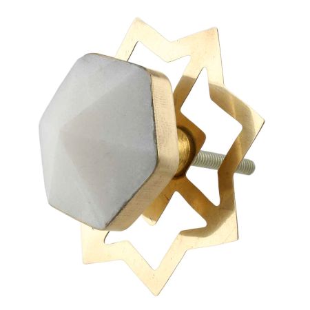 White Hexagon Stone Cabinet Brass Knobs